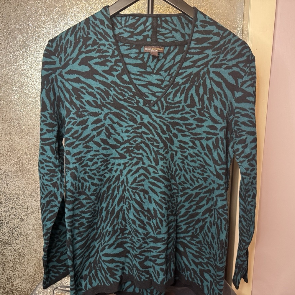 Dana Buchman Women's Long Sleeve Teal Animal Print Sweater 100% Cotton Size M - Picture 4 of 8